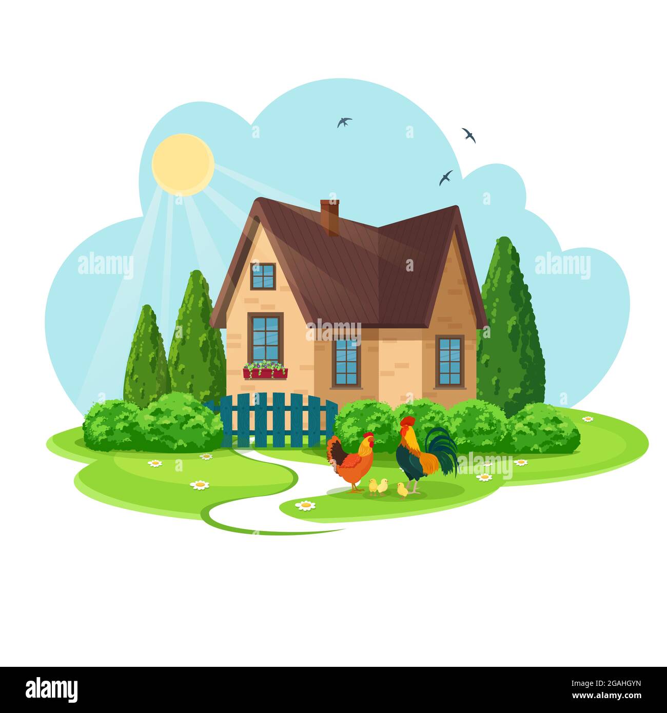 Accogliente casa di campagna con giardino frontale Illustrazione Vettoriale