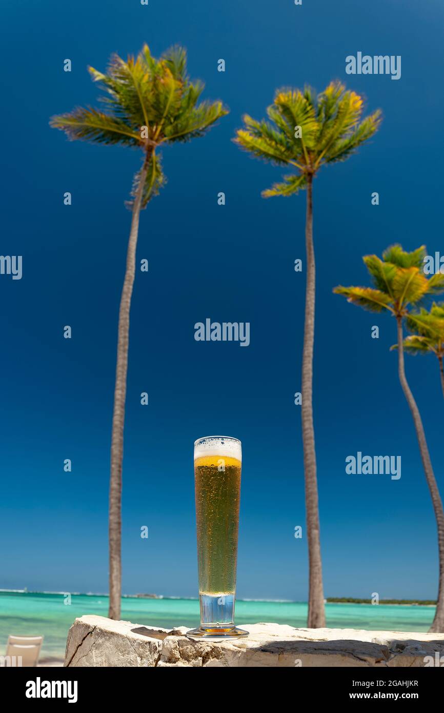 Birra e palme sulla spiaggia caraibica Foto Stock