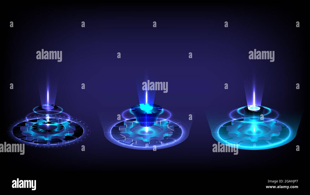 Collezione digitale high-tech sci-fi in brillante HUD. Portale di ologramma della scienza futuristica. Porta di ordito magico in fantasia di gioco. Tecnologia astratta. Ingranaggio Illustrazione Vettoriale