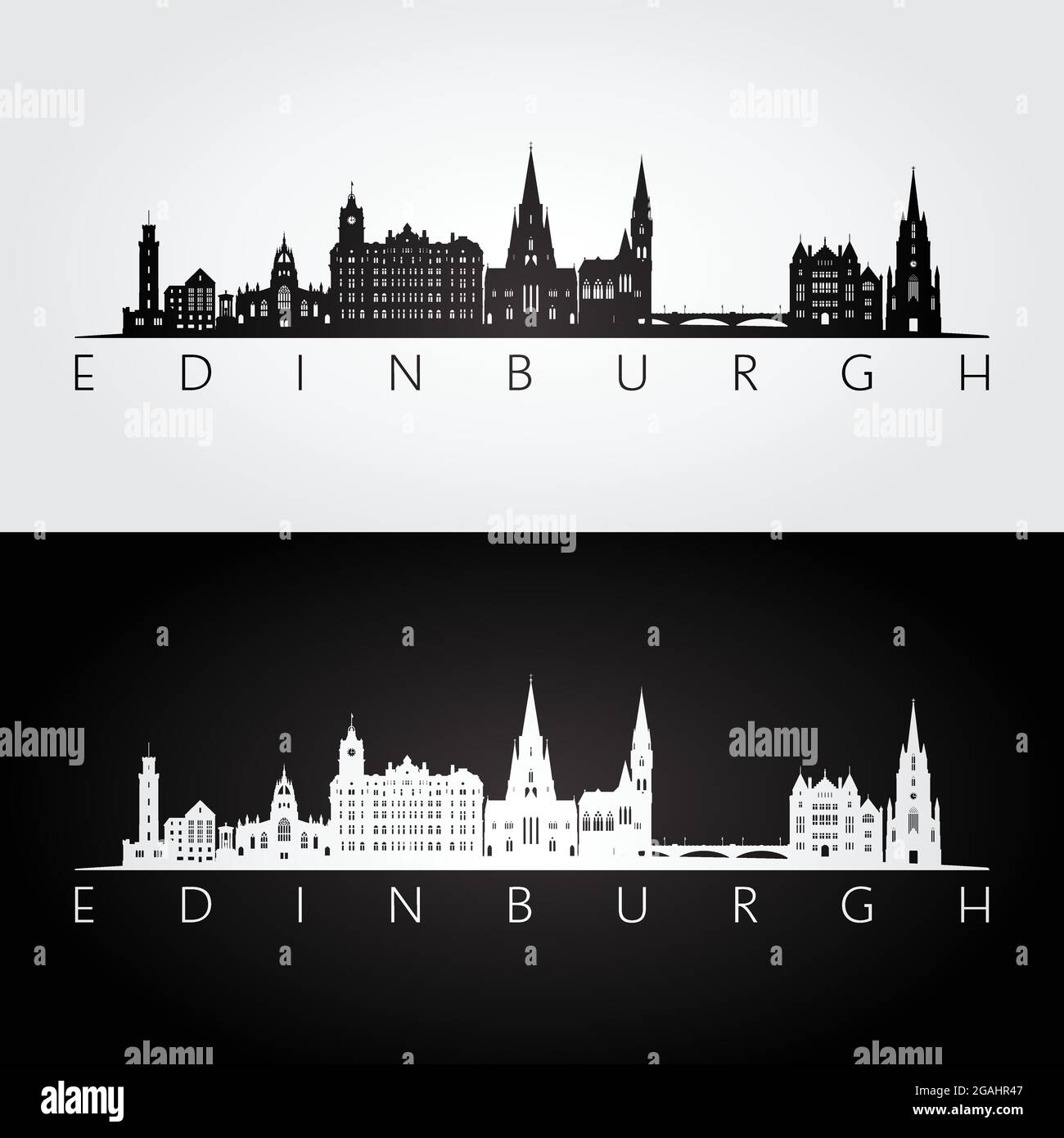 Skyline di Edimburgo e sagoma dei punti di riferimento, design in bianco e nero, illustrazione vettoriale. Illustrazione Vettoriale