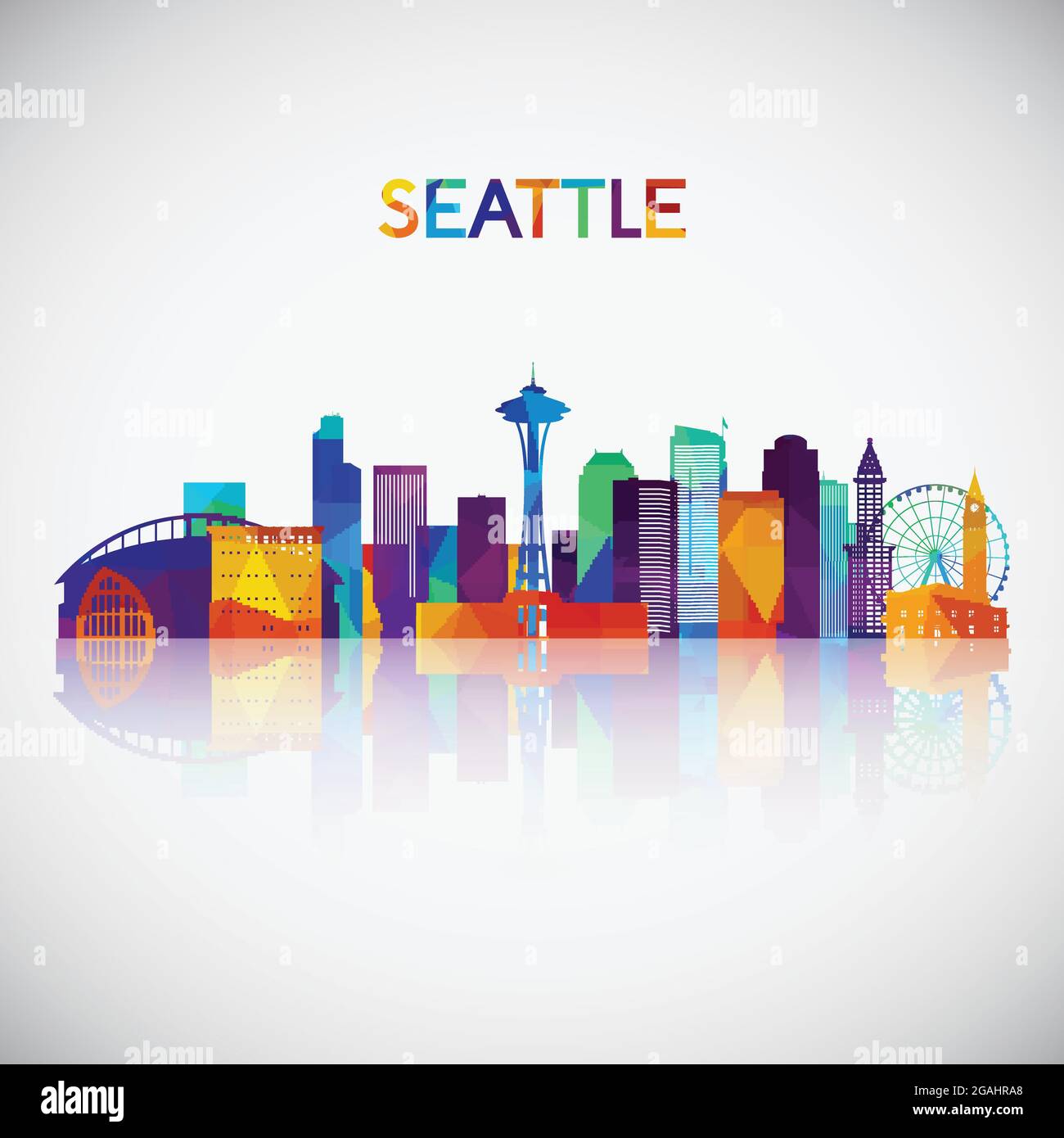 Profilo dello skyline di Seattle in colorato stile geometrico. Simbolo per il tuo progetto. Illustrazione vettoriale. Illustrazione Vettoriale