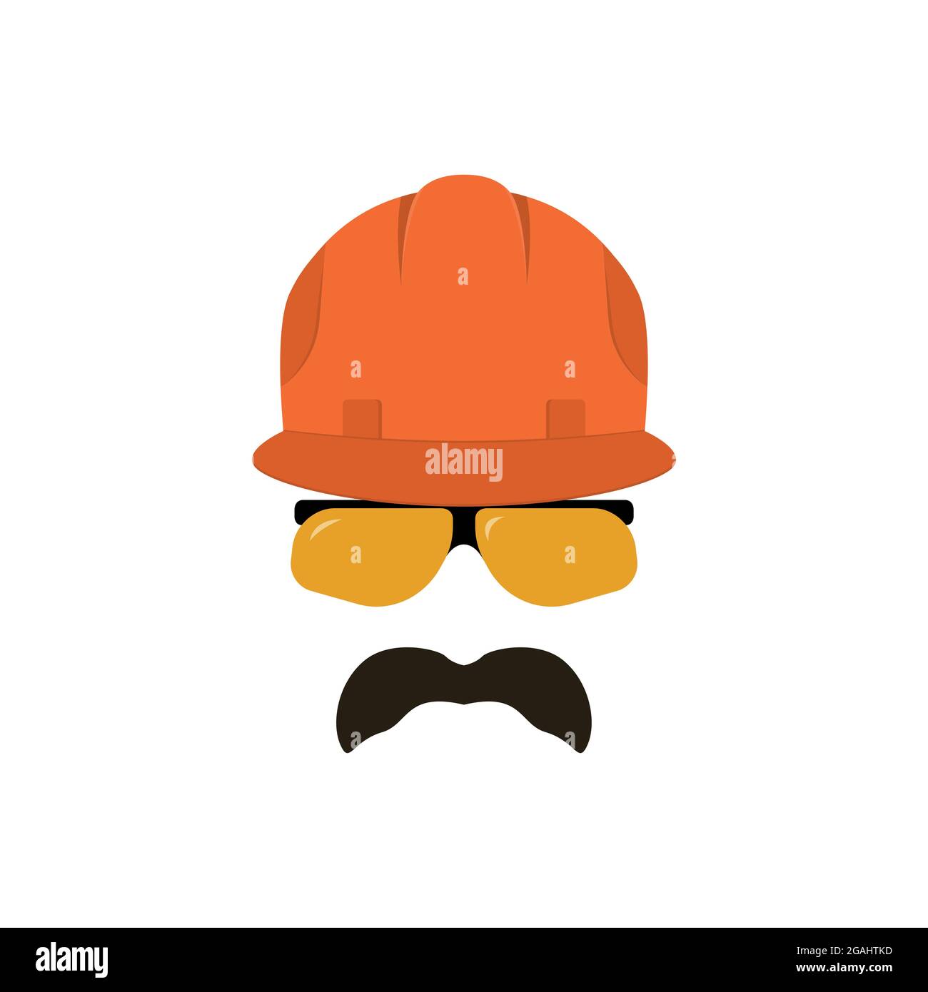 Faccia del costruttore con gli occhiali in un casco da costruzione. Lavoratore industriale. Illustrazione vettoriale. Illustrazione Vettoriale