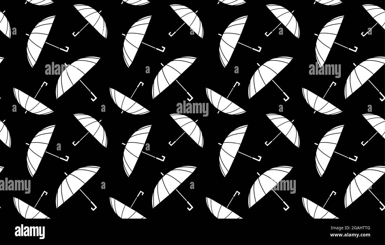Sfondo astratto ombrelli bianchi su nero, motivo senza giunture, texture per il design, illustrazione vettoriale piatta. Carino e accogliente modello autunnale. Autunno Illustrazione Vettoriale