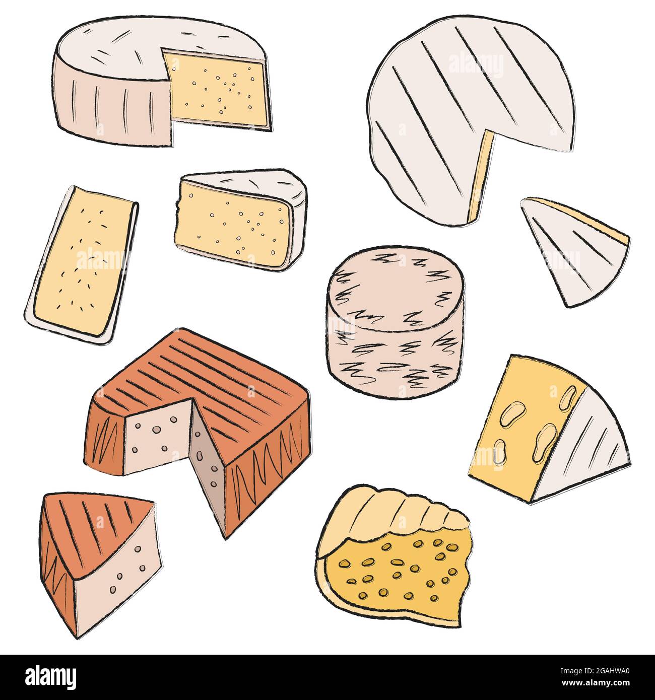 Una serie di squisite prelibatezze di formaggio morbido e duro. I latticini rotondi sotto forma di torta vengono tagliati a pezzi triangolari. Lineare semplice Illustrazione Vettoriale