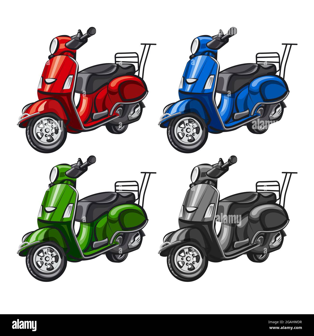 Illustrazione dei ciclomotori in colori diversi sullo sfondo bianco Illustrazione Vettoriale