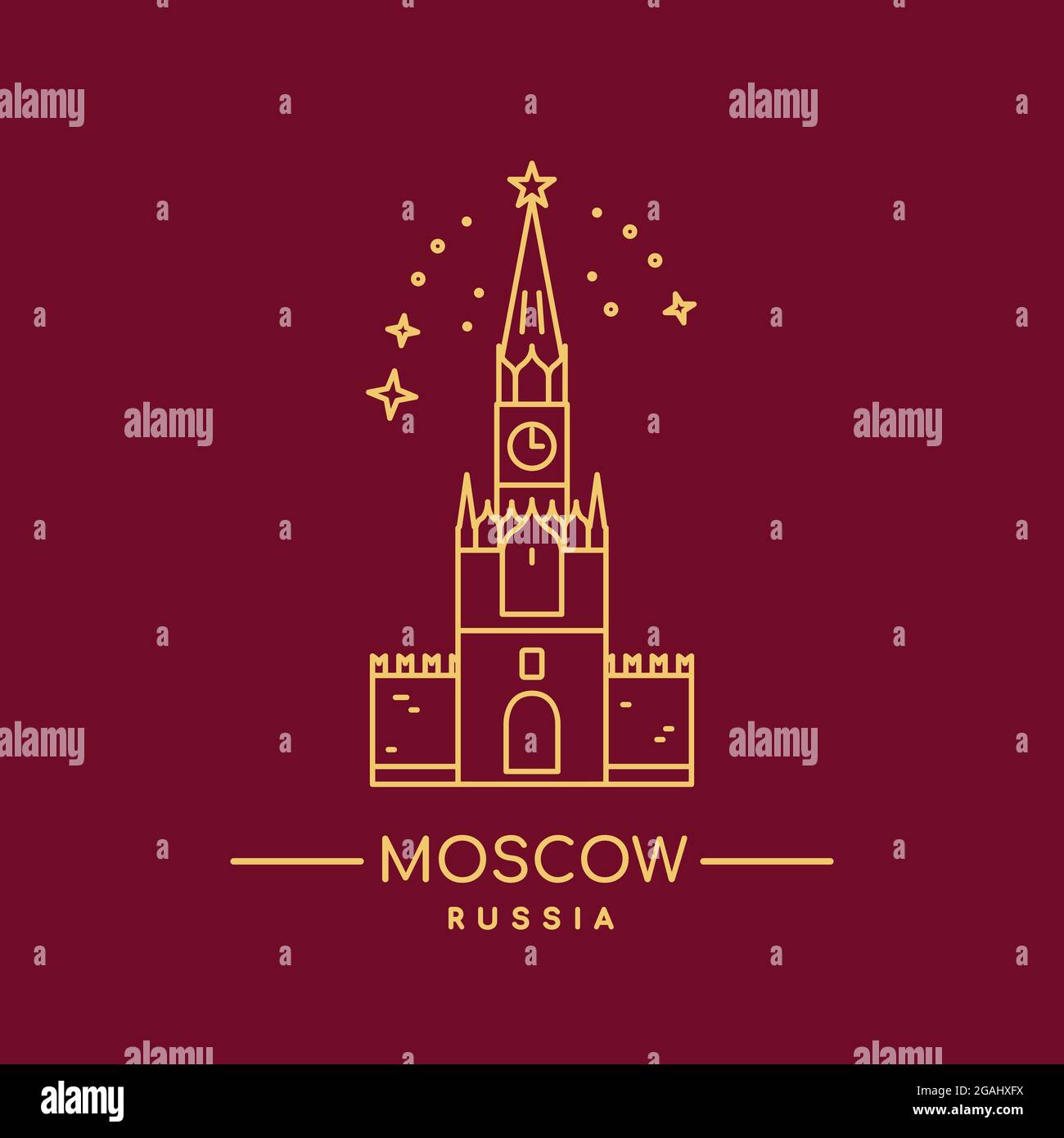 Torre del Cremlino, illustrazione vettoriale. Linea art. Torre Spasskaya. Simbolo di Mosca. Illustrazione Vettoriale