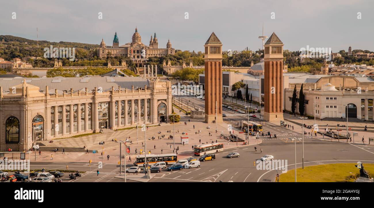 Veduta panoramica aerea di Piazza Espanya a Barcellona, Spagna Foto Stock