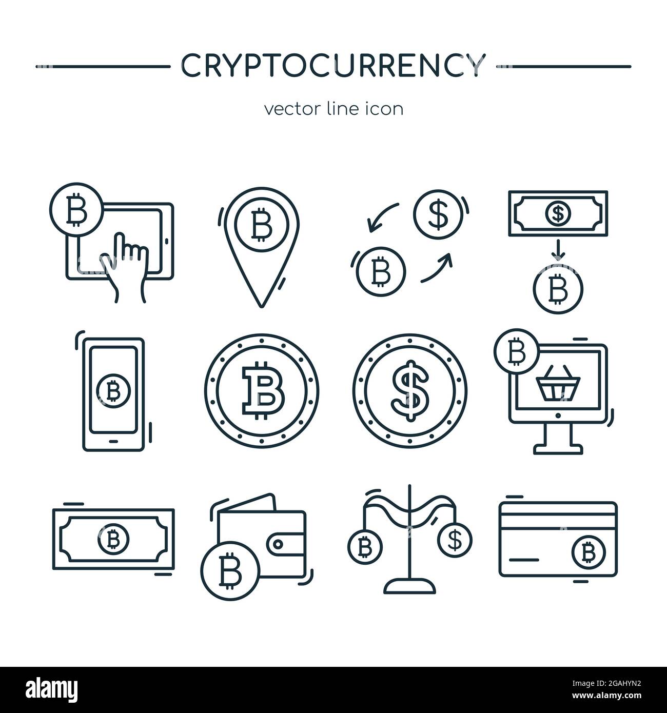 Collezione di icone della linea di criptovaluta. Insieme di icone vettoriali. Illustrazione Vettoriale