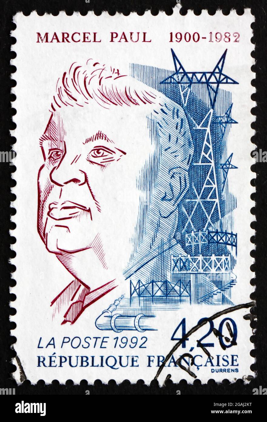 FRANCIA - CIRCA 1992: Un francobollo stampato in Francia mostra Marcel Paul, ministro della produzione industriale, sindacalista francese e politica comunista Foto Stock