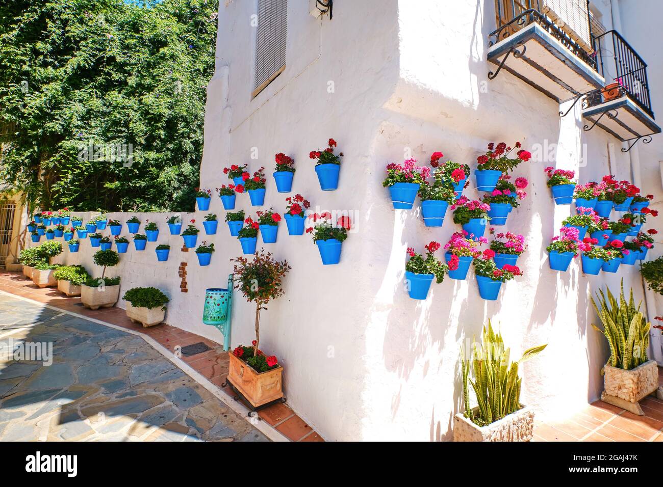 Bella città vecchia di Marbella in una giornata estiva soleggiata. Pareti bianche decorate con vaso di fiori blu. Foto Stock