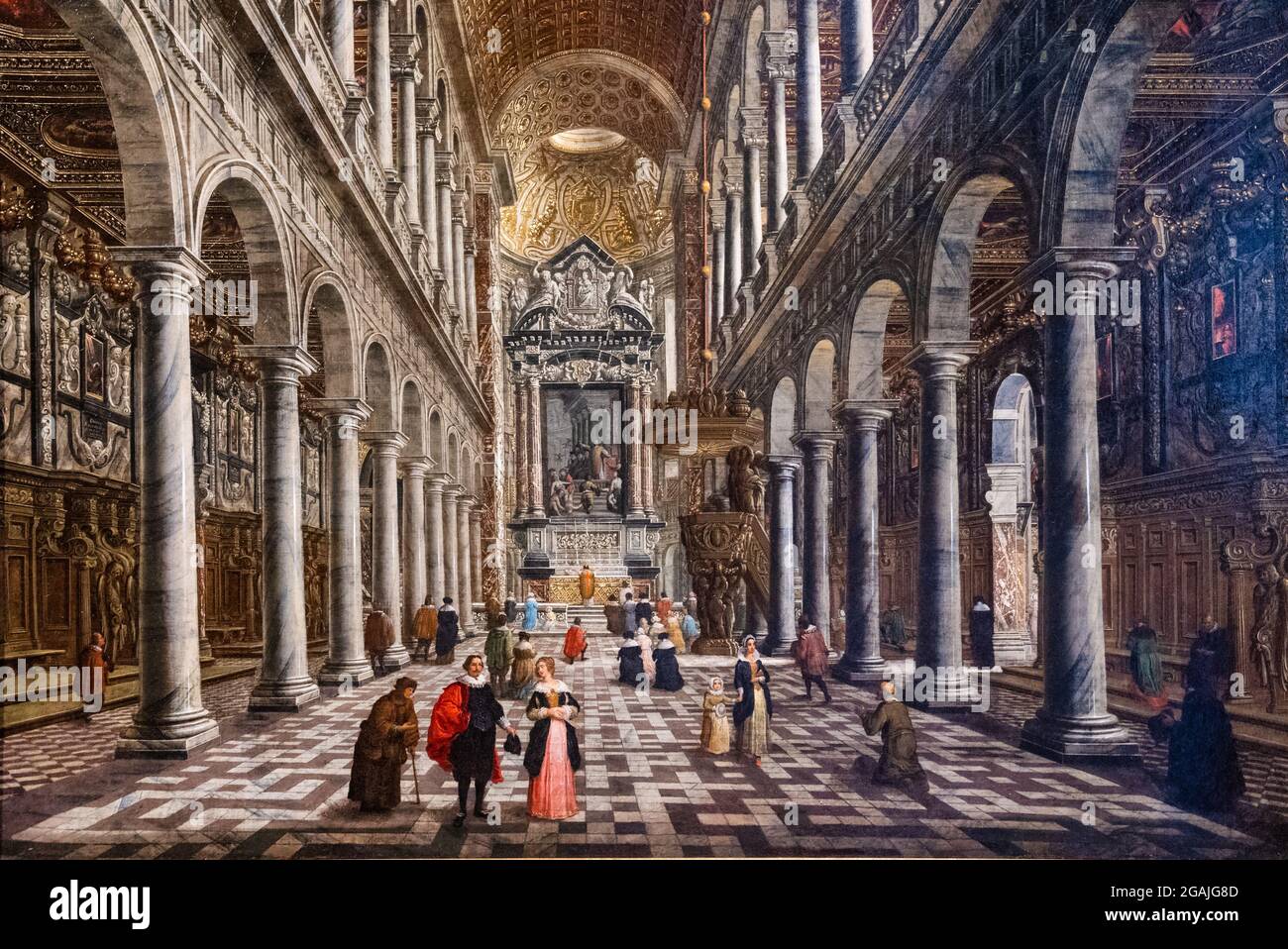 Interno della chiesa gesuita di Anversa prima del devastante incendio del 1718 Foto Stock