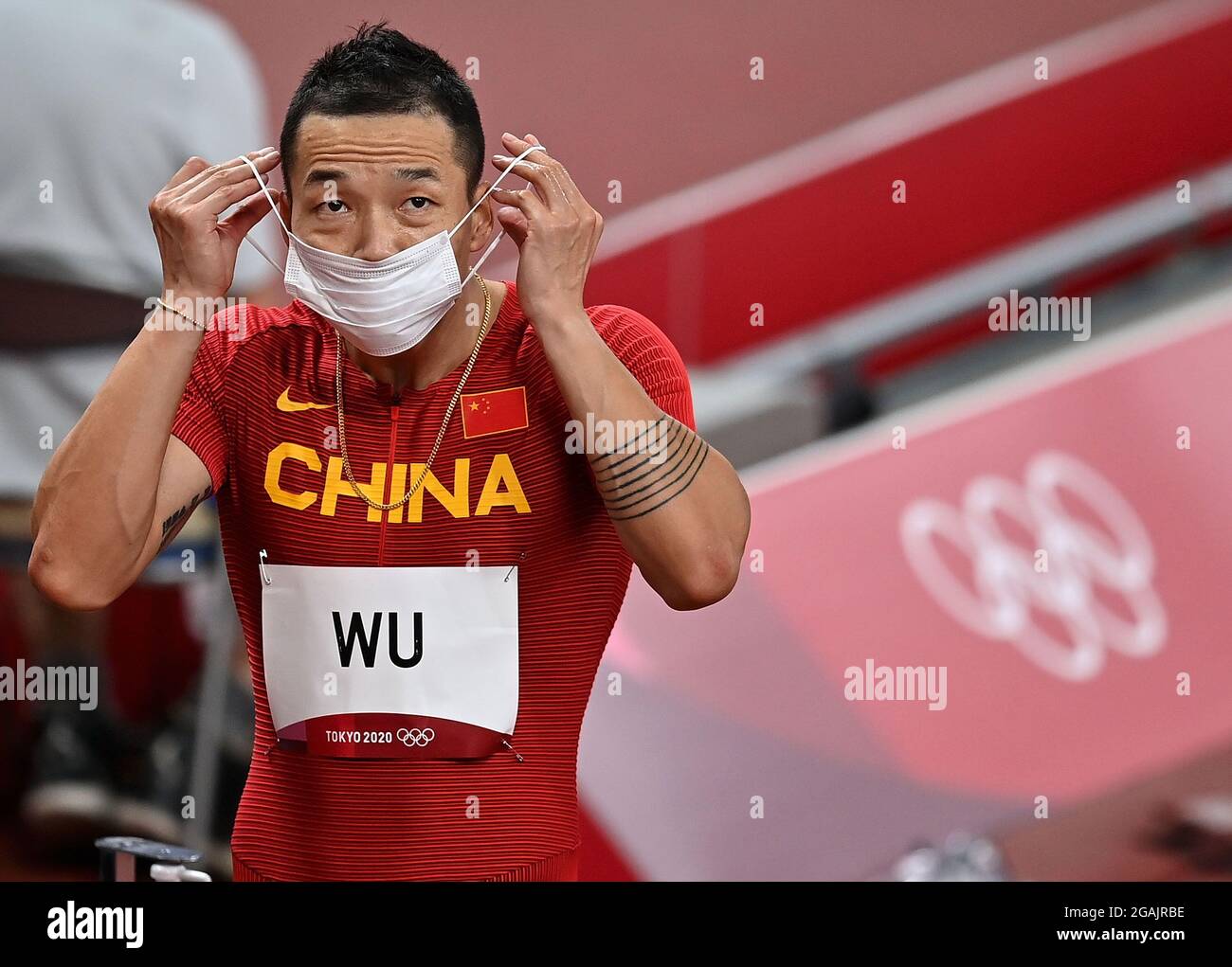 Tokyo, Giappone. 31 luglio 2021. Il WU Zhiqiang della Cina mette la maschera dopo i 100 metri di calore degli uomini ai Giochi Olimpici di Tokyo 2020, a Tokyo, Giappone, il 31 luglio 2021. Credit: Jia Yuchen/Xinhua/Alamy Live News Foto Stock