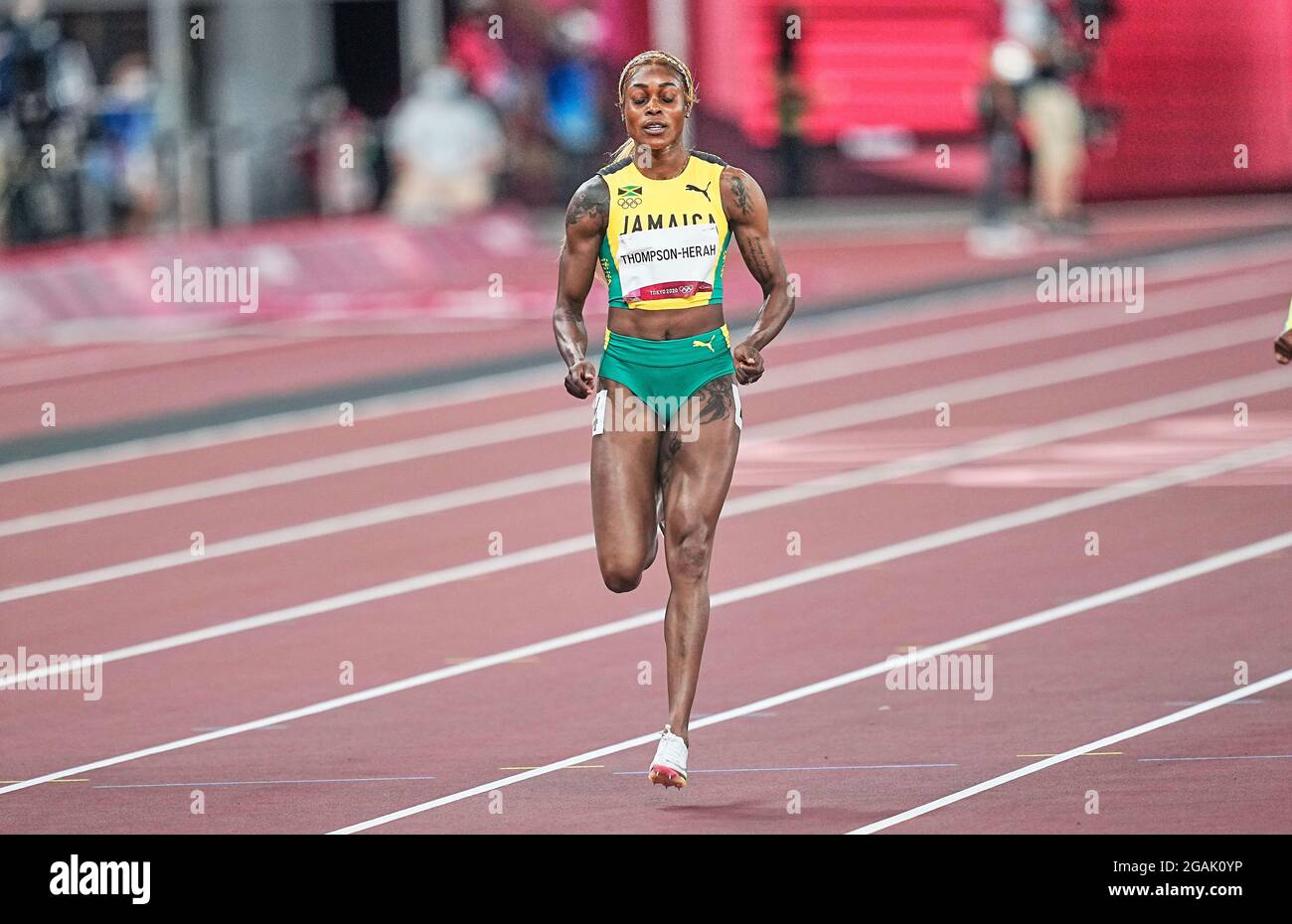 31 luglio 2021: Elaine Thompson-Herah durante 100 metri per le donne alle Olimpiadi di Tokyo, stadio olimpico di Tokyo, Tokyo, Giappone}. Prezzo Kim/CSM Foto Stock