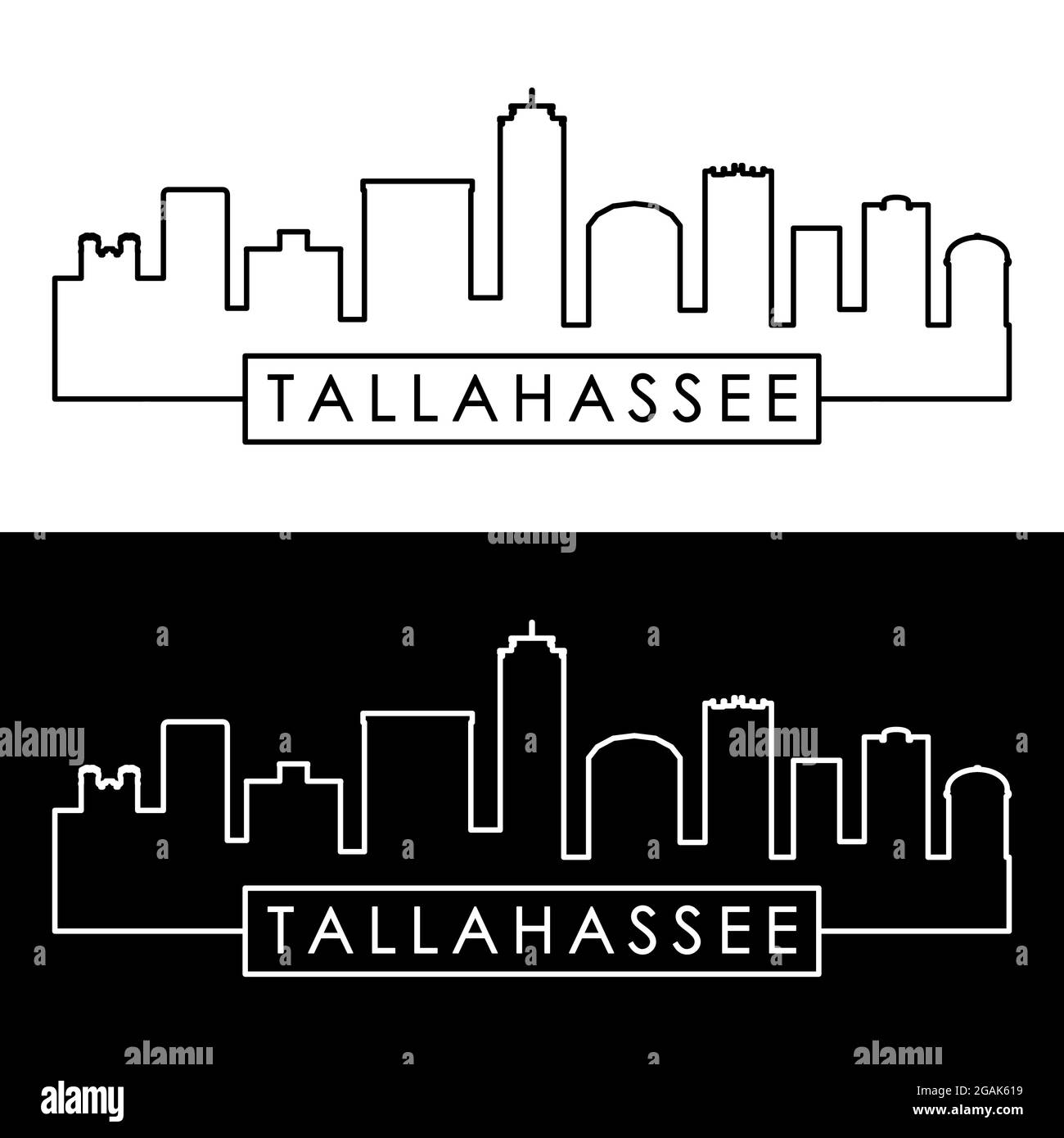 Skyline di Tallahassee. Stile lineare. File vettoriale modificabile. Illustrazione Vettoriale