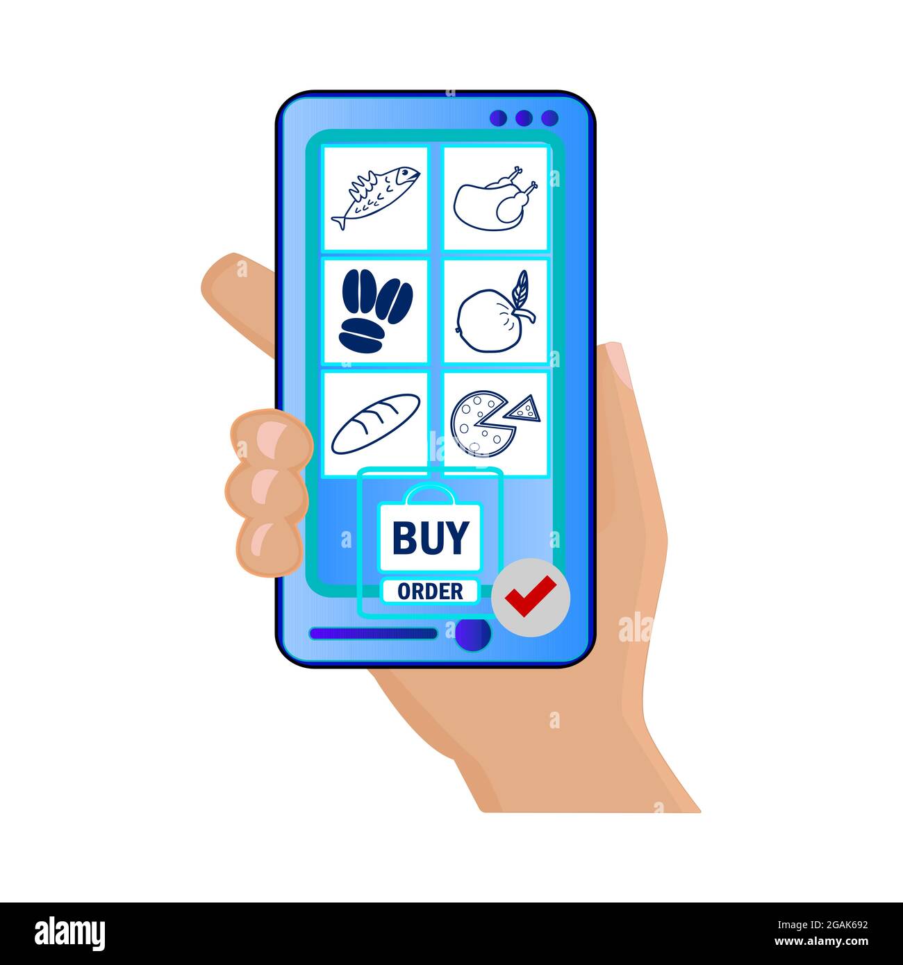 Telefono cellulare portatile con l'app online shop isolata su sfondo bianco. Concetto di eCommerce. Ordinare la drogheria. Consegna in sicurezza. Servizio di fornitura. Vettore Illustrazione Vettoriale
