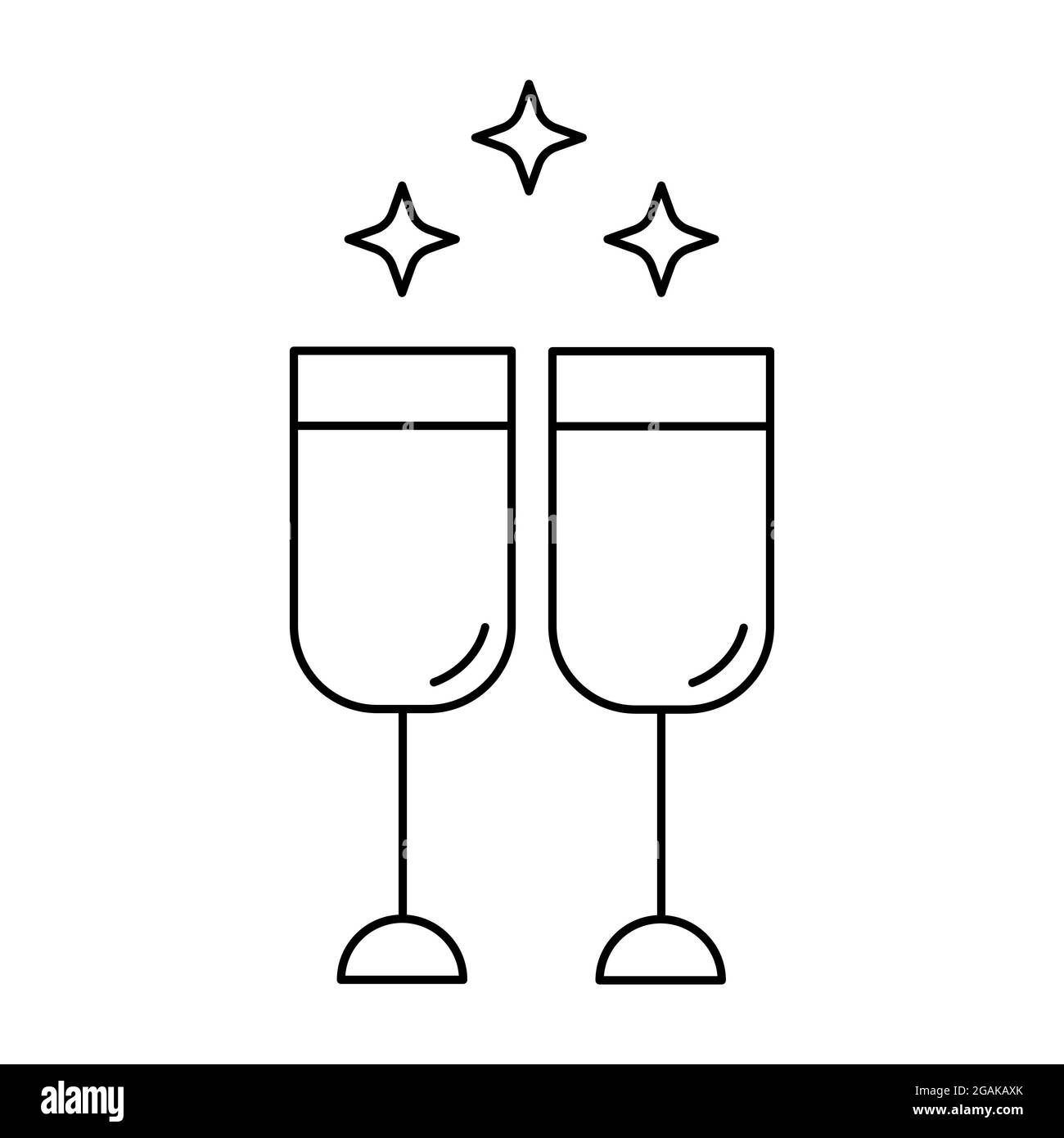 Champagne bicchieri vettore contorno icona isolato su sfondo bianco. Tostatura di nozze, bicchieri di vino con frizzante. Celebrazione lineare dei segni. Illustrazione Vettoriale