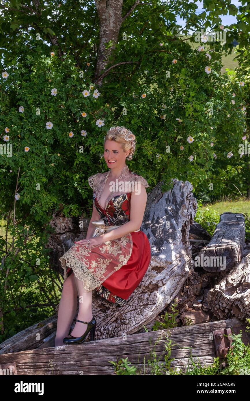 Ritratto di una donna bionda a dirndl , in un ambiente romantico in montagna Foto Stock