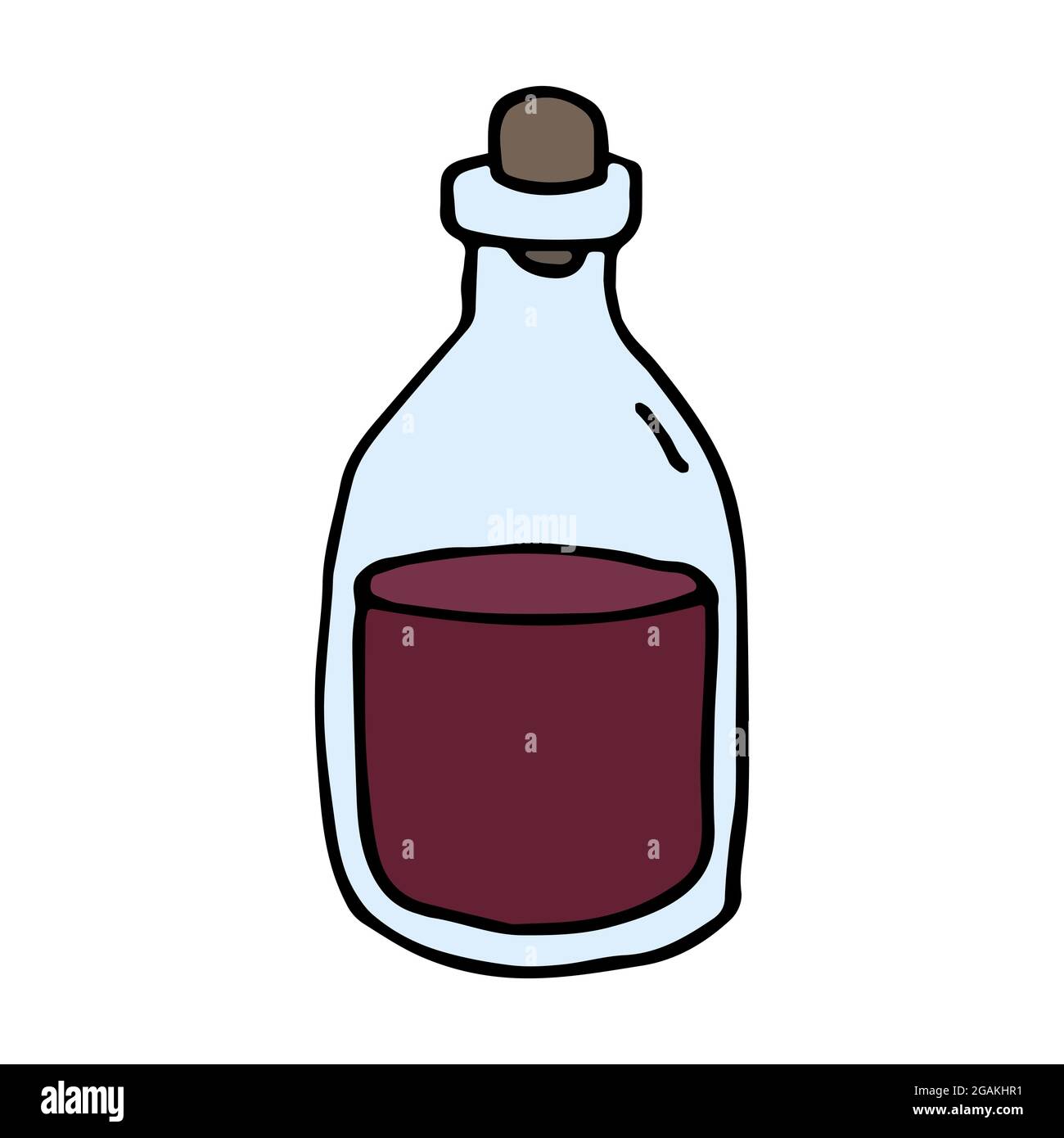 Icona disegnata a mano di vino, veleno o bevanda miracolosa. Etichetta Doodle con pozione alchemica in matraccio. Illustrazione vettoriale a colori Illustrazione Vettoriale