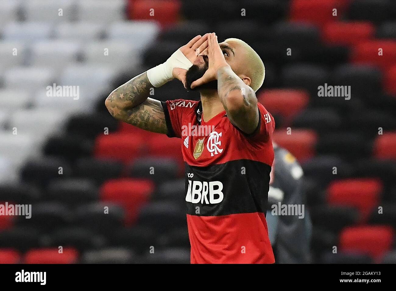 Rio de Janeiro, Brasile, 29 luglio 2021. Il calciatore Gabriel Gabigol della squadra Flamengo festeggia il suo obiettivo, durante la partita Flamengo c ABC, per la Th Foto Stock