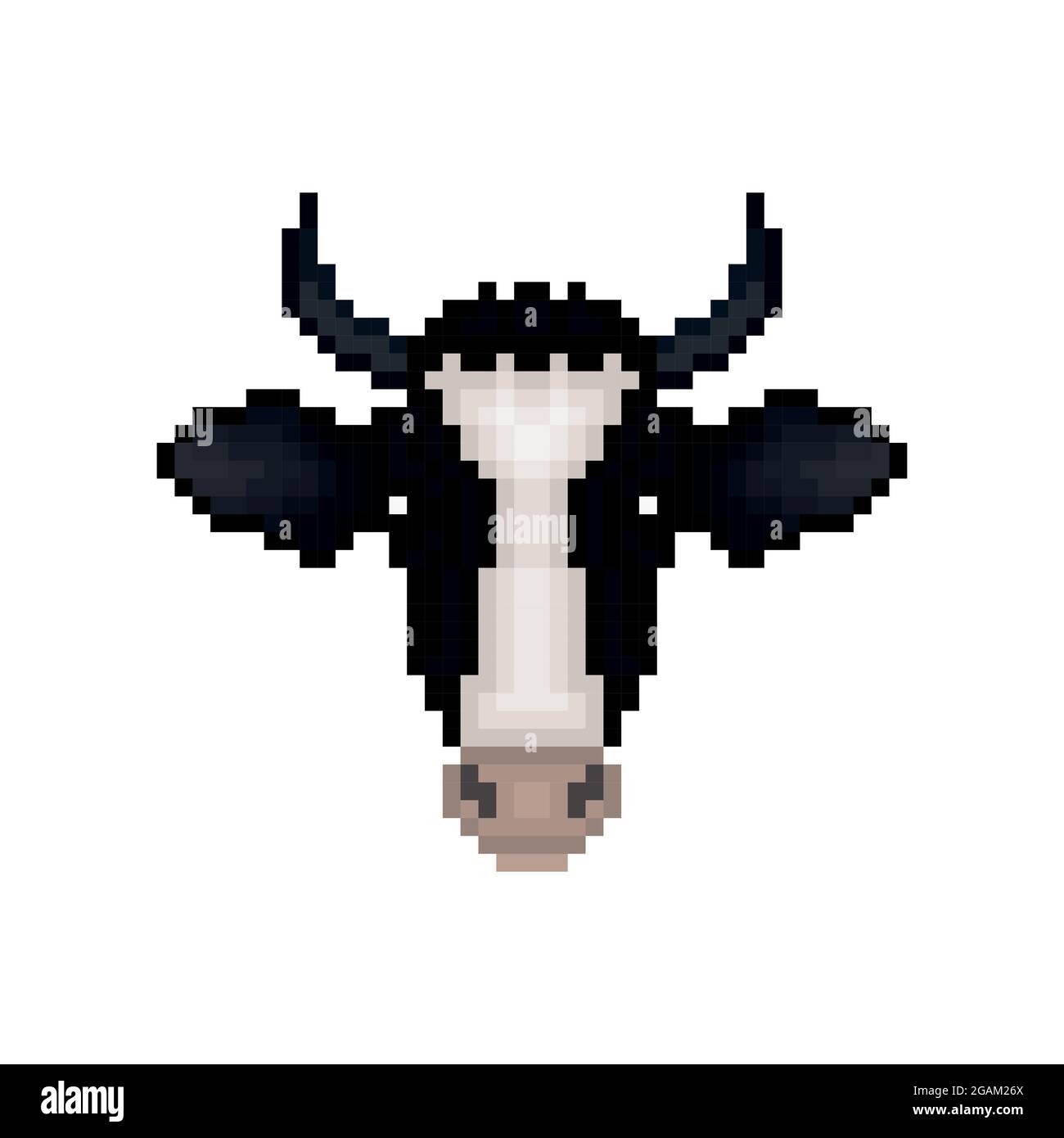 Icona Cow pixelated Cartoon. Design pixel. Mucca muso isolato su sfondo bianco. Illustrazione vettoriale. Illustrazione Vettoriale