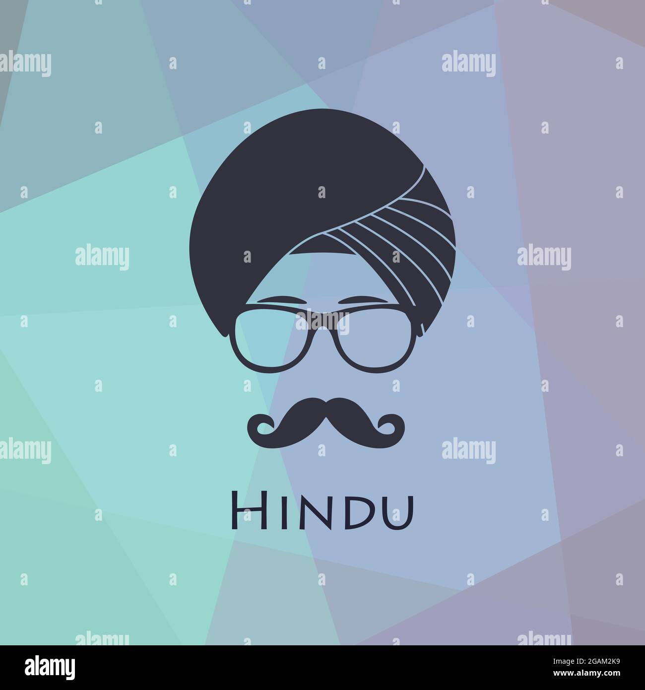 Ritratto di uomo indù in occhiali e headdress nazionale - Turban. Icona persone su sfondo poligonale. Illustrazione vettoriale. Illustrazione Vettoriale