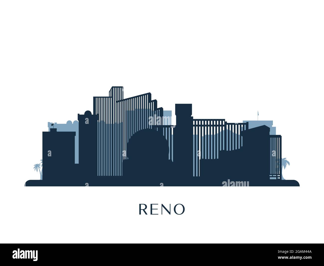 Skyline di Reno, silhouette monocromatica. Illustrazione vettoriale. Illustrazione Vettoriale