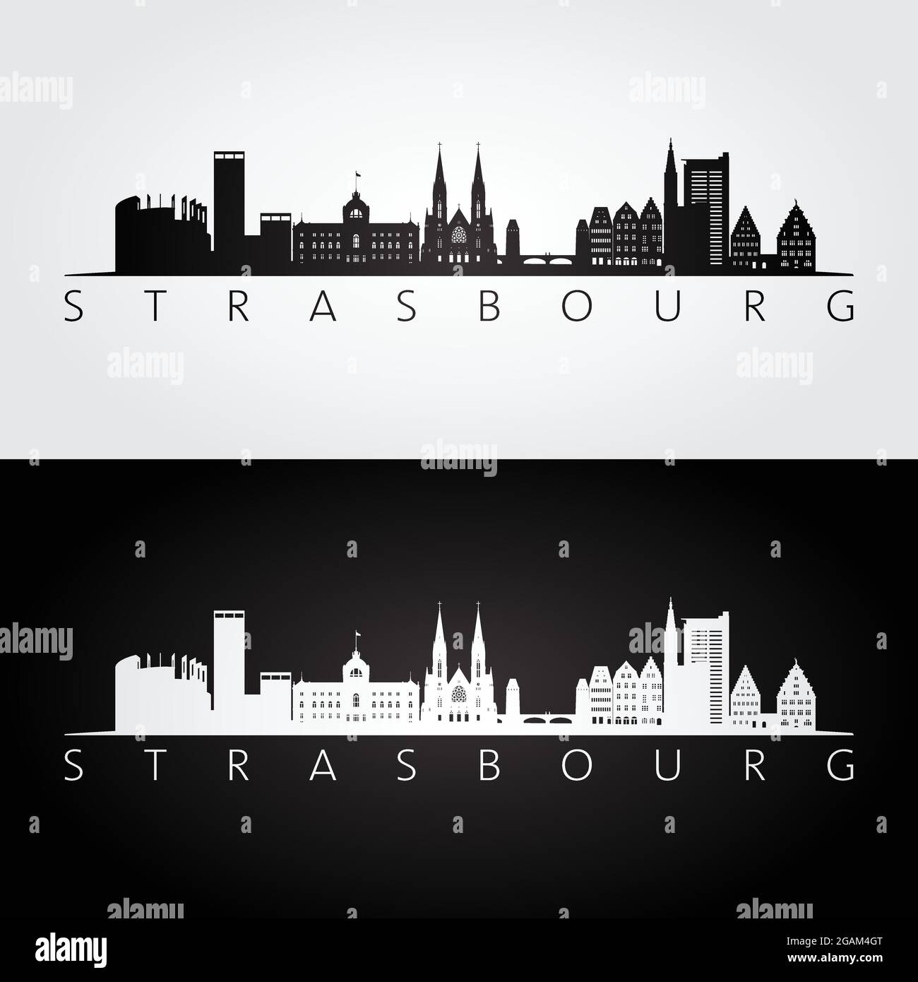 Skyline di Strasburgo e linee di riferimento, design in bianco e nero, illustrazione vettoriale. Illustrazione Vettoriale