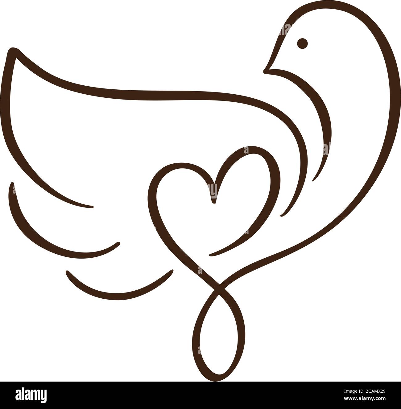 Vector Love colomba con il logo del cuore icona modello. pigeon che porta il cuore in stile doodle. Linea uccello arte Illustrazione Vettoriale