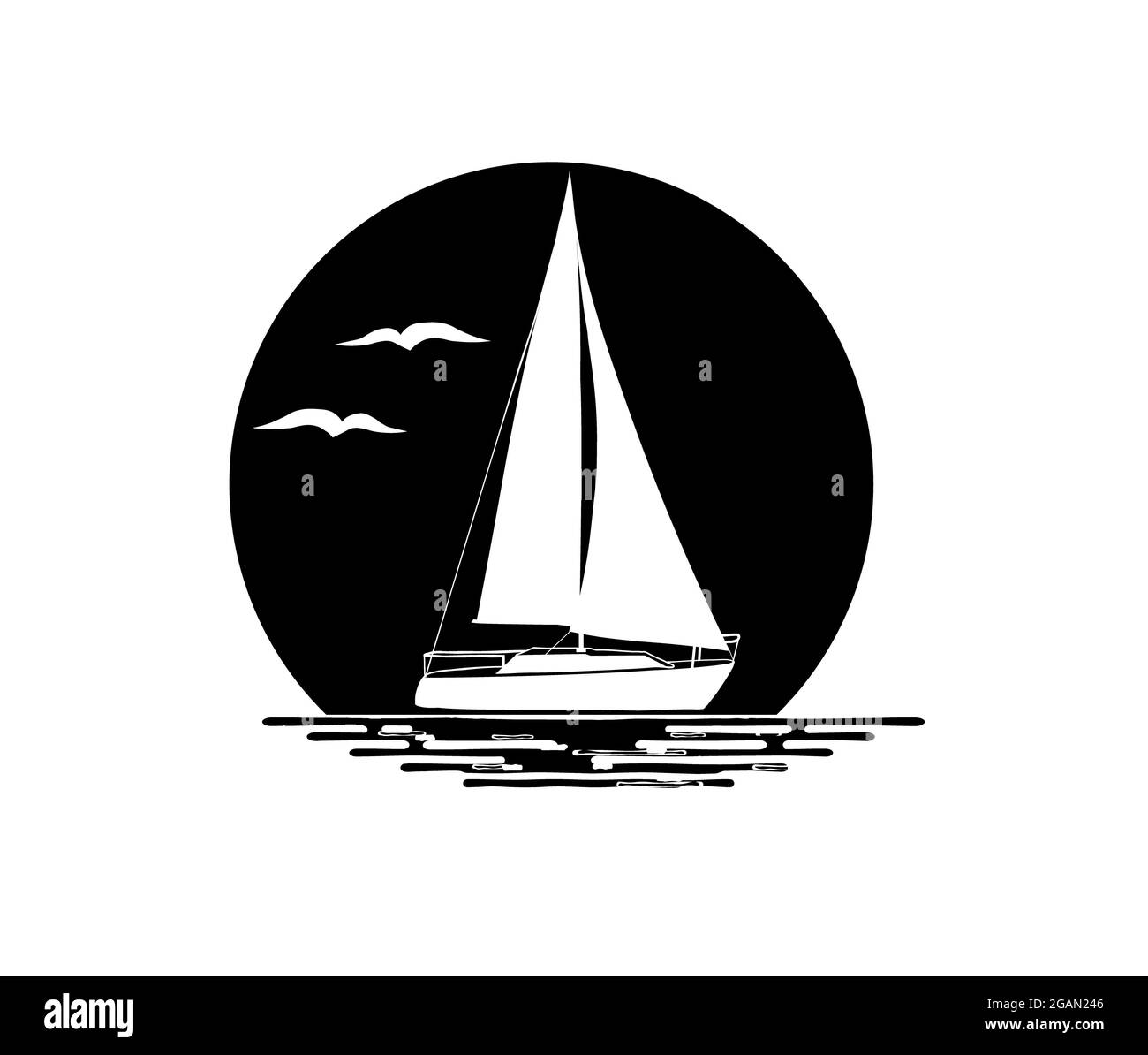 Illustrazione in bianco e nero della barca a vela isolata su sfondo bianco. Acqua, uccelli, sole, silhouette. Logo. Foto Stock