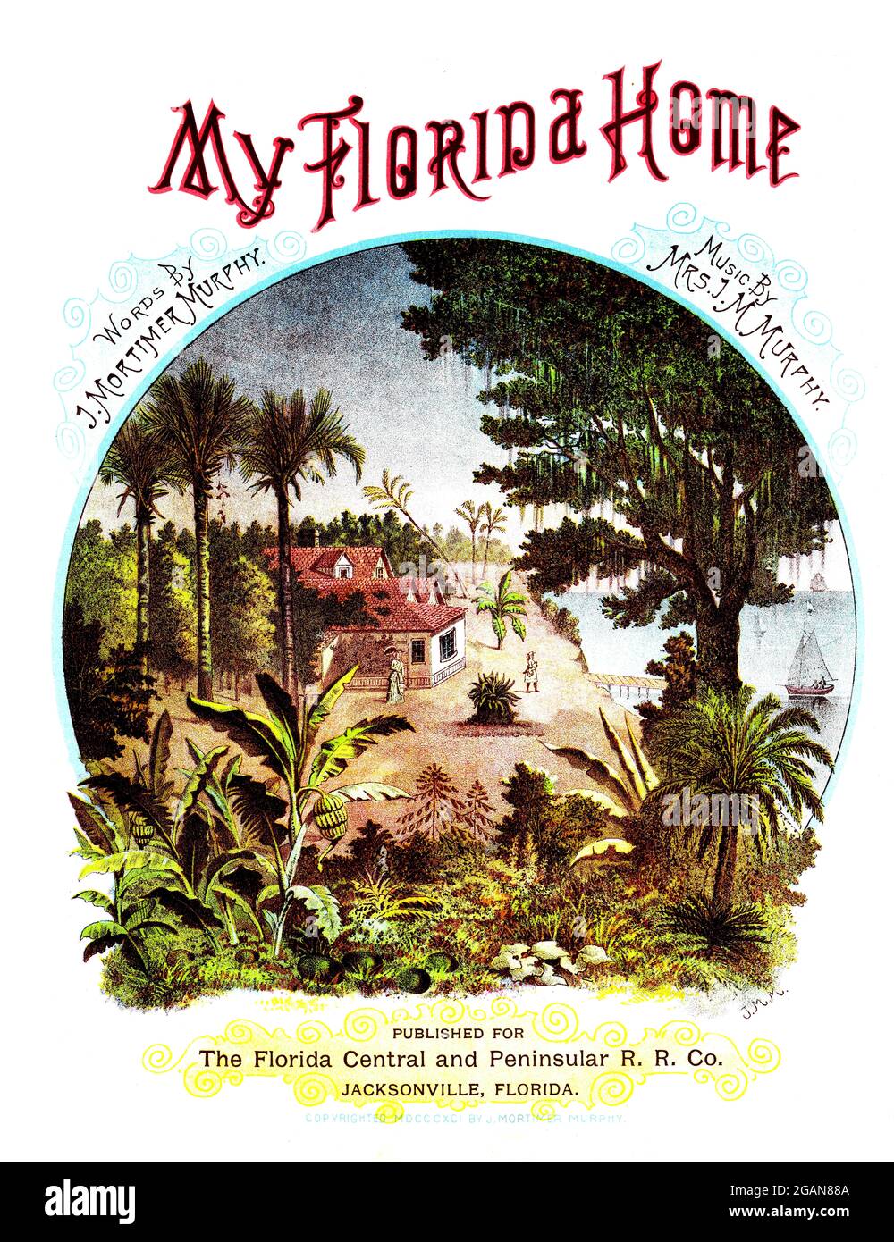 My Florida Home,1891 spartiti da 19th Century femminile compositore Sig.ra J.M. Murray. Da Jacksonville con cabina e palme. Foto Stock