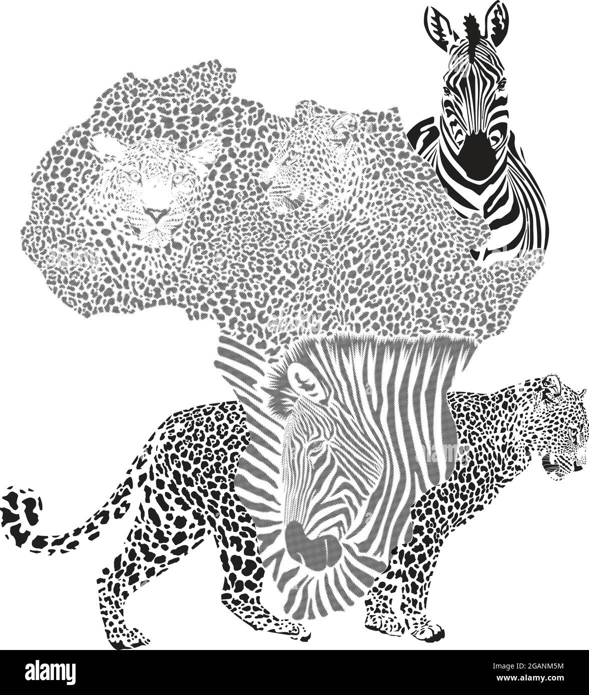 Sfondo con una mappa dell'Africa con un motivo leopardo e zebra Illustrazione Vettoriale