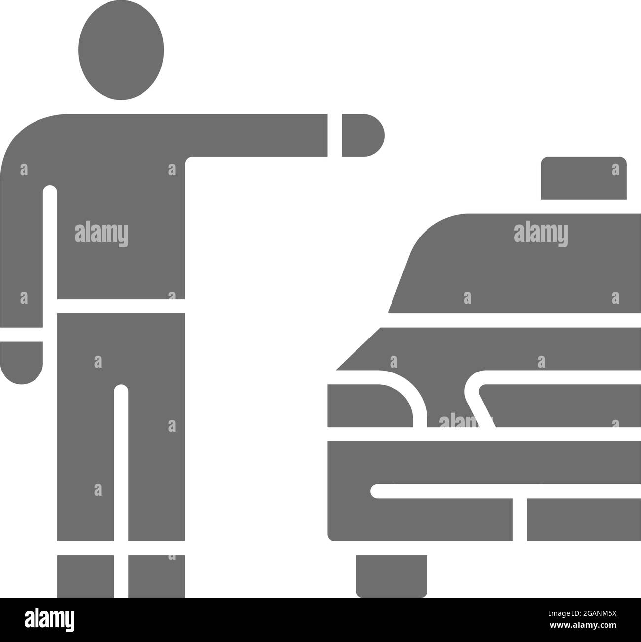 Uomo che cattura taxi, icona hitchhiking grigio. Illustrazione Vettoriale