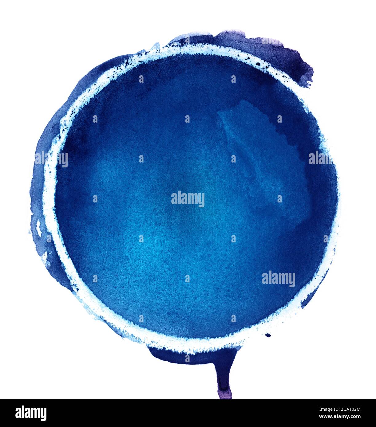 Blu a mano libera acquerello rotondo cerchio texture splash isolato su sfondo bianco con bordi irregolari. Elemento di design colorato vuoto. Foto Stock