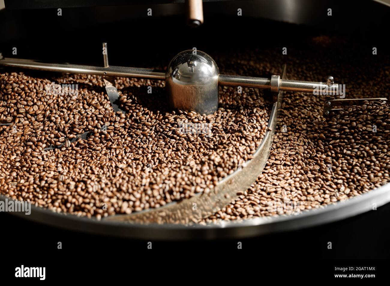 Lavorazione del caffè. Torrefazione, tostatura e fagioli freschi Foto Stock