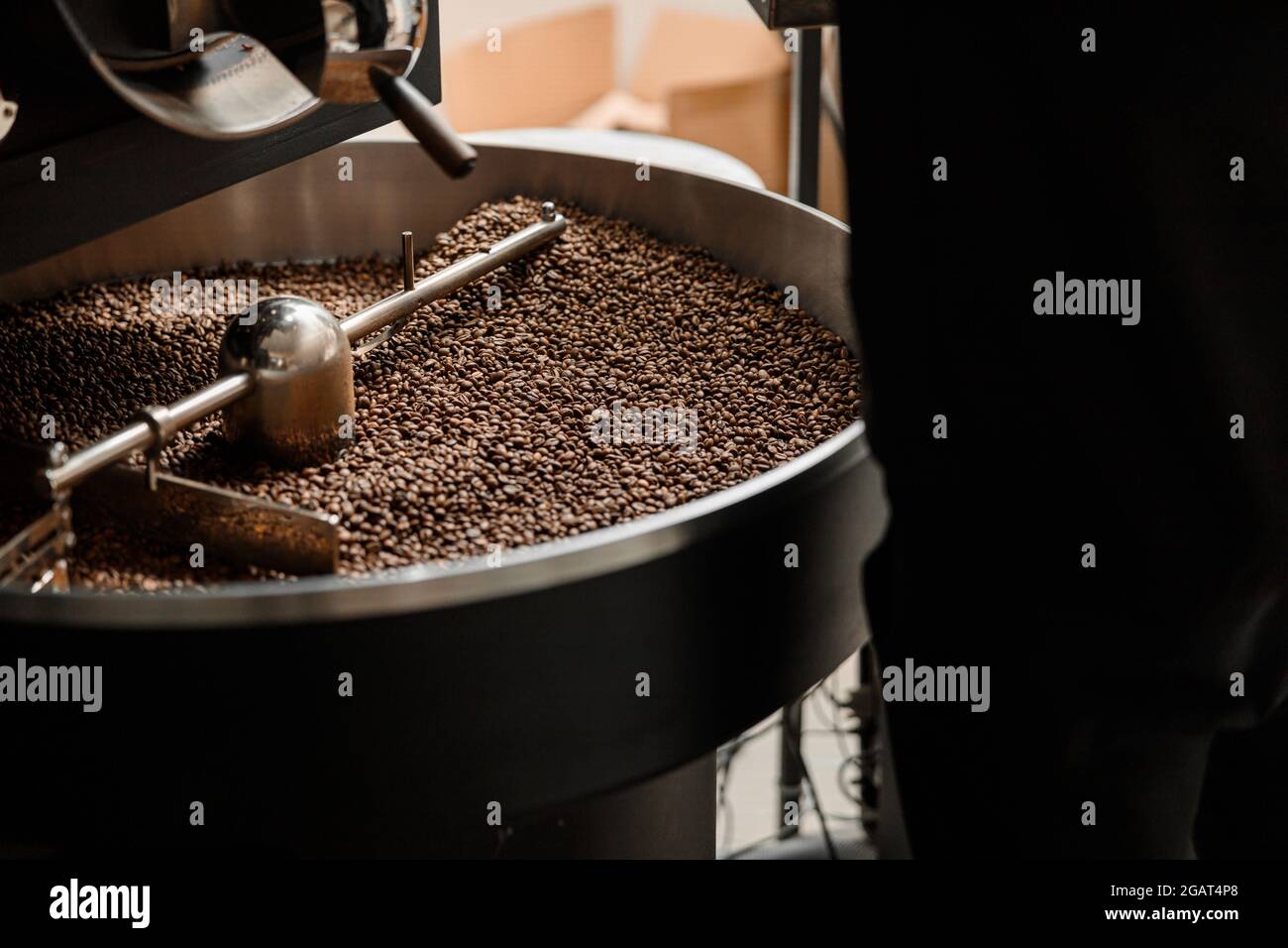 Lavorazione del caffè. Torrefazione, tostatura e fagioli freschi Foto Stock