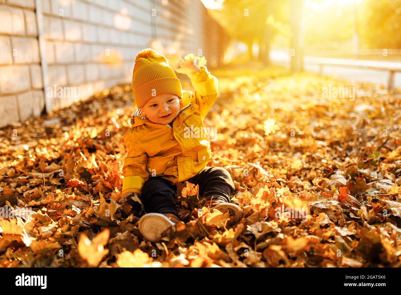 Felice bello bambino, in abiti autunnali, si sta divertendo nel parco autunnale, tra le foglie caduti Foto Stock