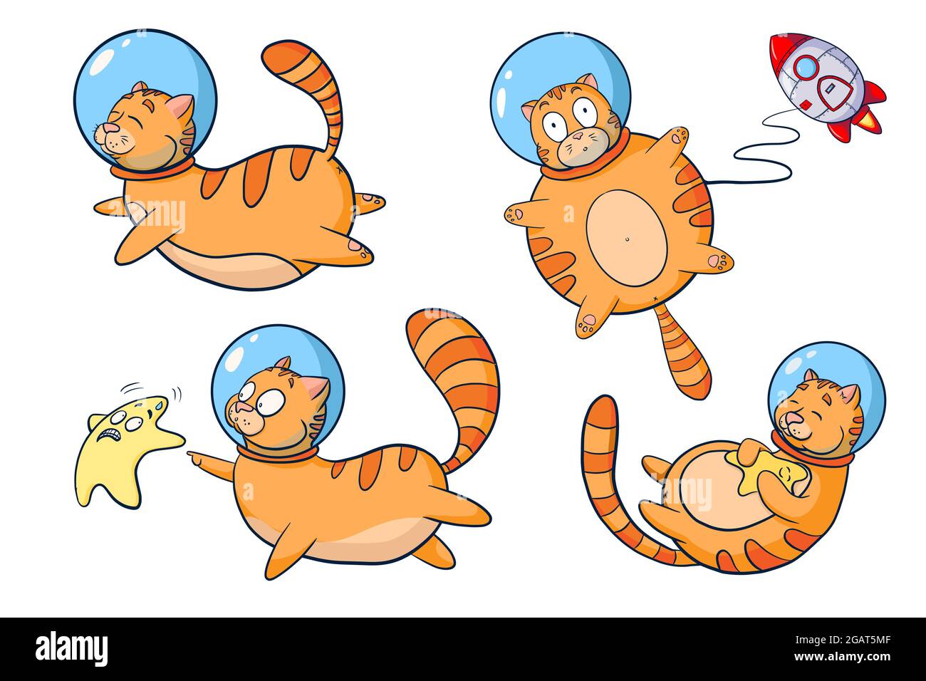 Cosmic Cats Cartoon Illustrations Collection. Set di simpatici animali astronauta isolato vettore illustrazioni. Gatti nello spazio per logo, arredamento vivaio, adesivi, stampa, sfondo, progettazione di giochi Illustrazione Vettoriale