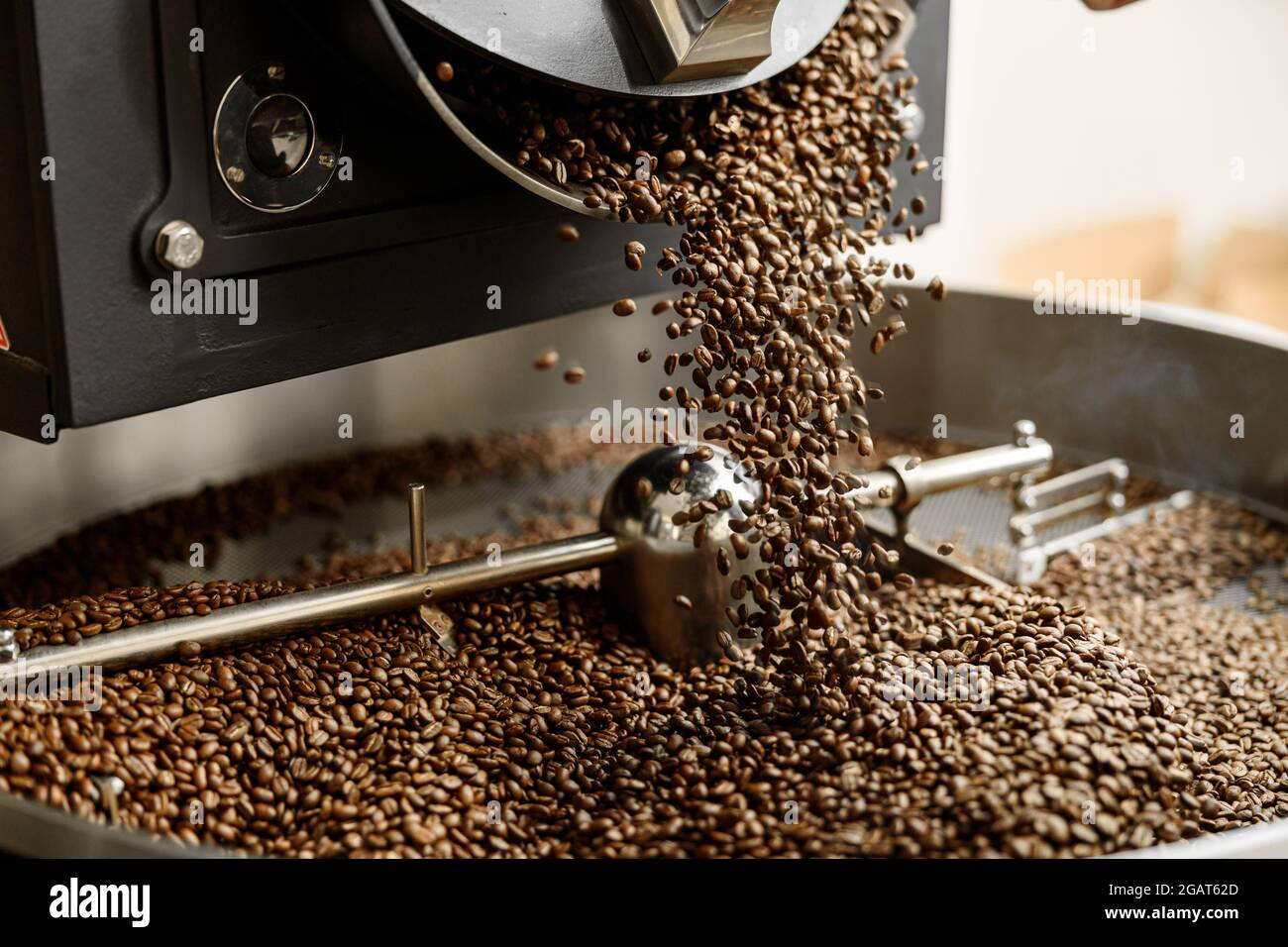 Un giovane lavoratore specializzato sta arrostendo il caffè nell'hangar Foto Stock