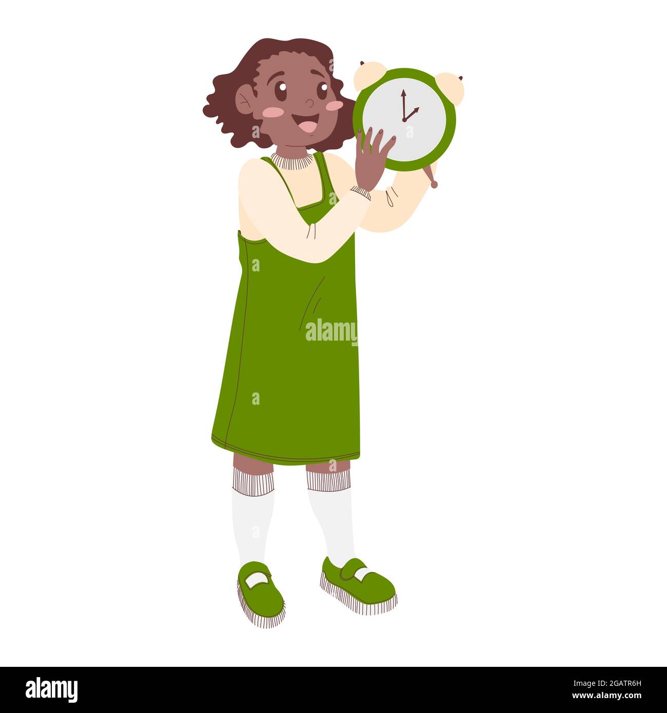 Una studentessa afroamericana in una terrina verde tiene in mano una sveglia. Concept Bentornato a scuola. Illustrazione vettoriale nel carrello piano Illustrazione Vettoriale