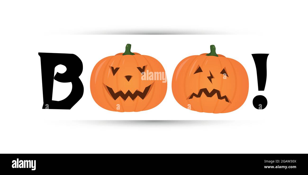 Halloween party flyer design. Iscrizione stilizzata BOO con zucca. Modello di disegno vettoriale. Illustrazione Vettoriale