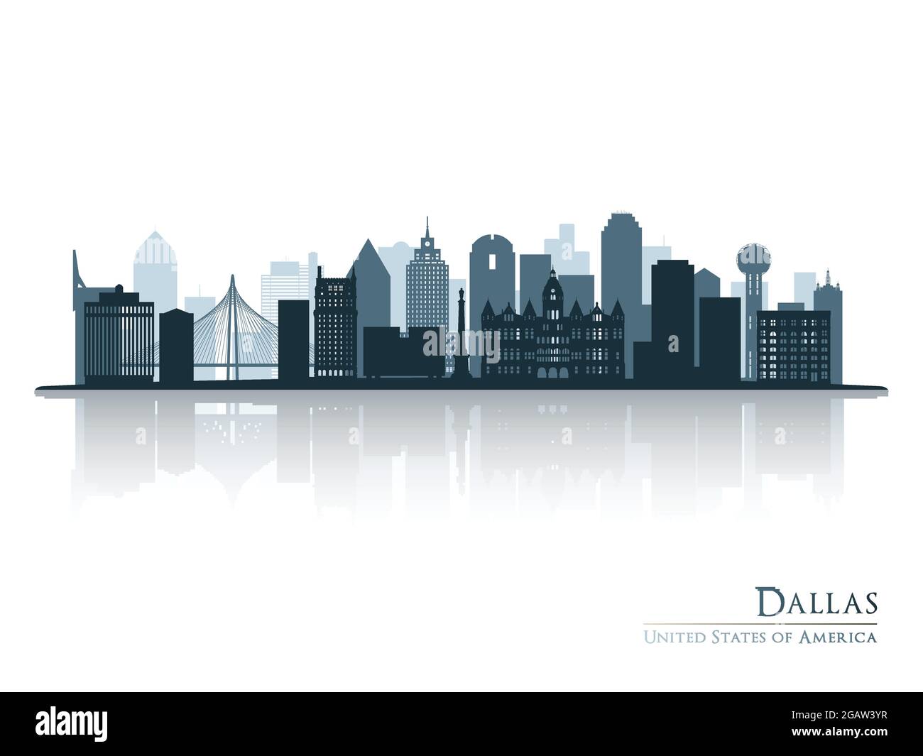 Profilo dello skyline blu di Dallas con riflessi. Illustrazione vettoriale. Illustrazione Vettoriale