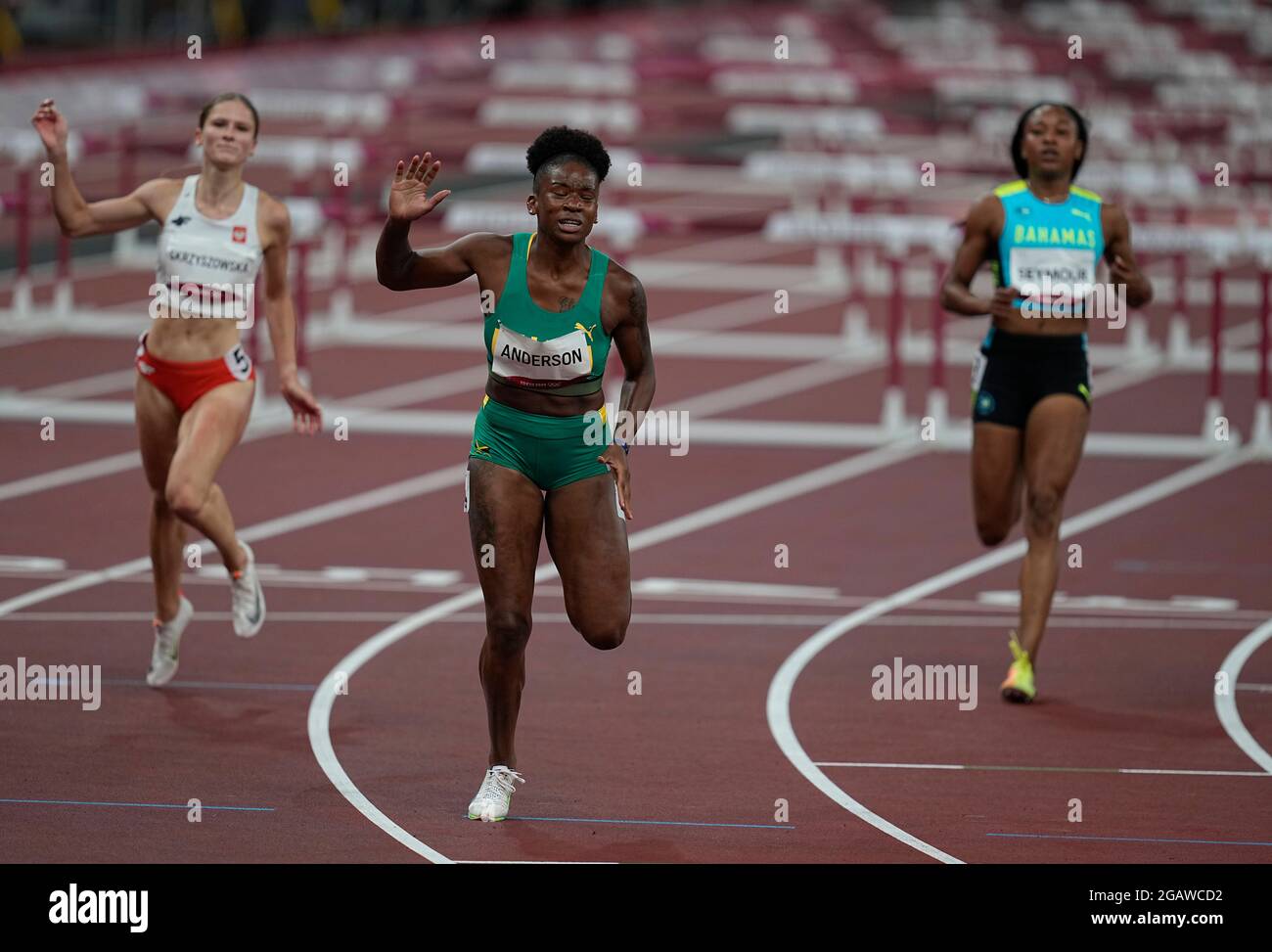 1 agosto 2021: Durante 100 metri di ostacoli per le donne alle Olimpiadi di Tokyo, Tokyo, Tokyo, Giappone}. Prezzo Kim/CSM Foto Stock
