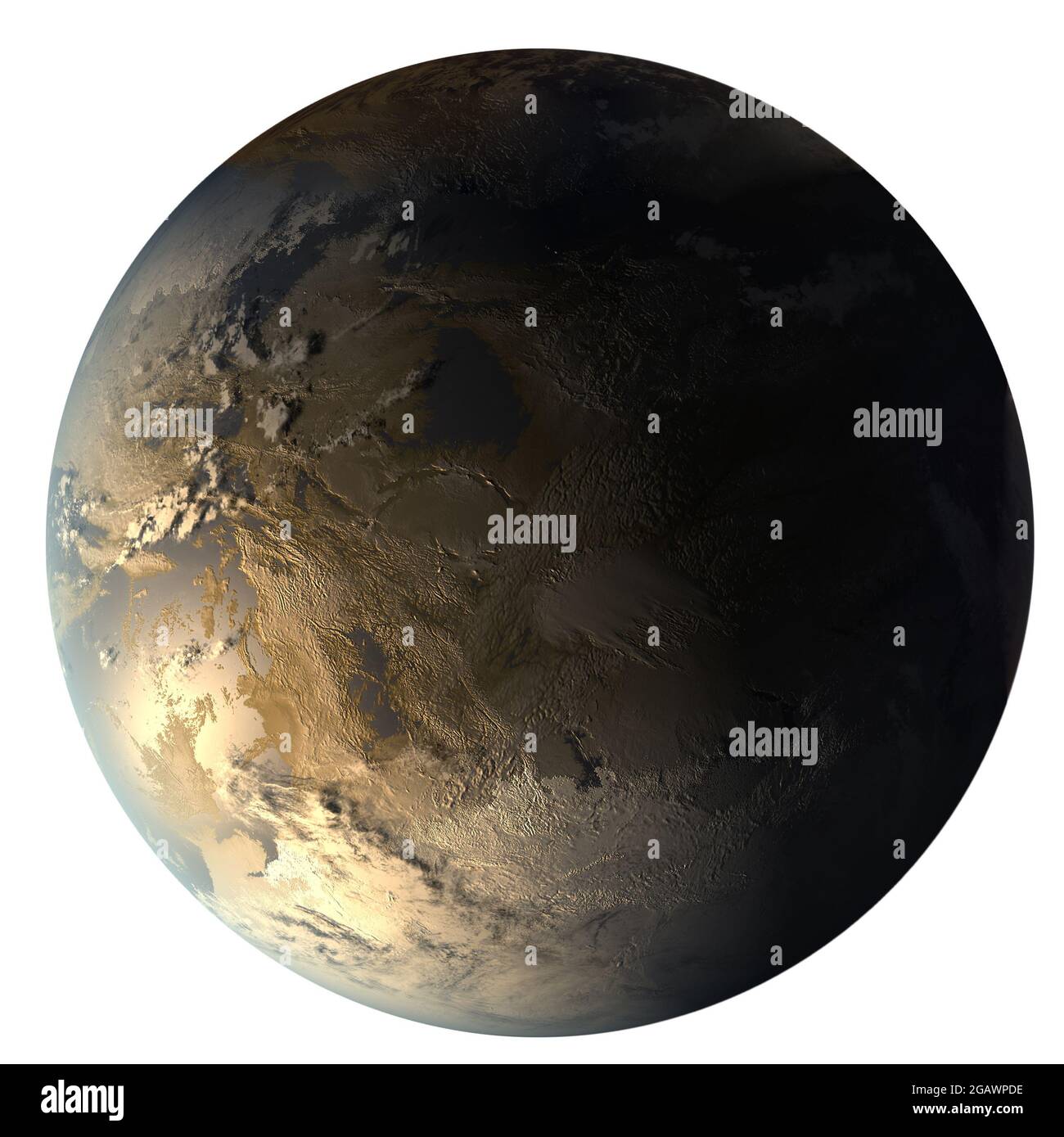 Kepler-186f, il primo pianeta a grandezza naturale nella zona abitabile. Oro super-Earth exoplanet nella costellazione di Cignus isolato su sfondo bianco Foto Stock