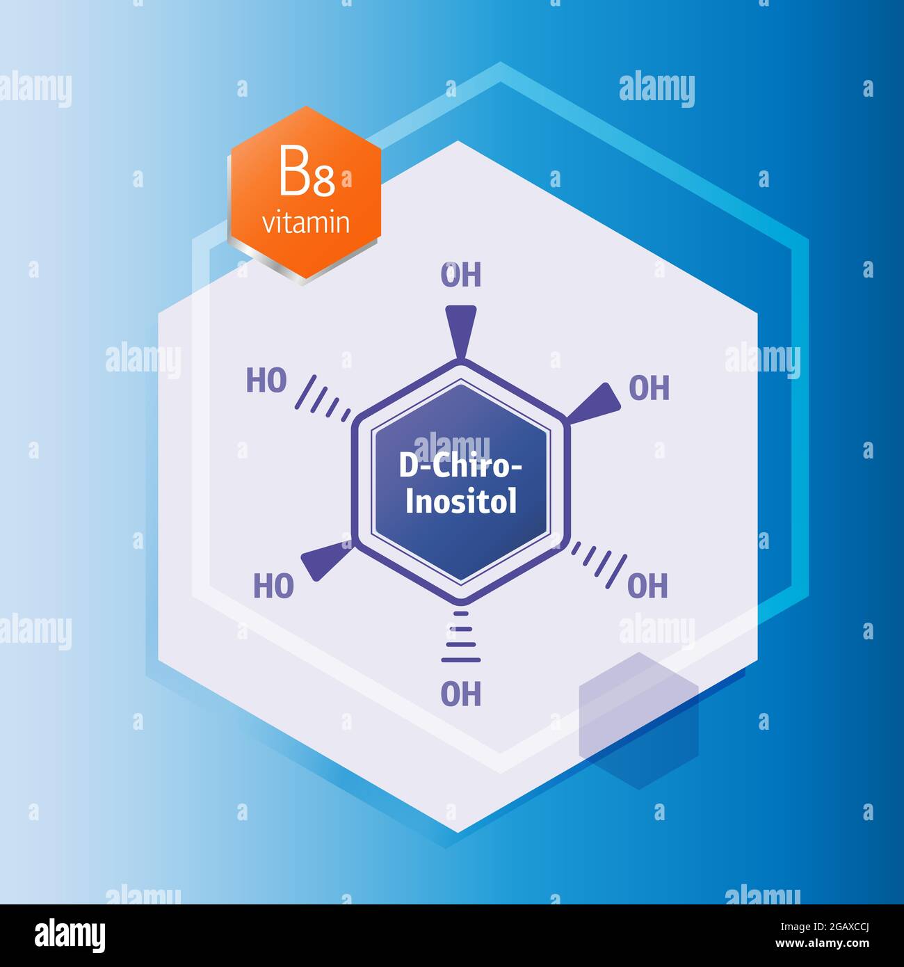 Icona vettore di formula D-chiro-inositolo su sfondo blu. Inositolo vitamina B8 illustrazione medica all'interno astratto forma esagonale. Illustrazione Vettoriale