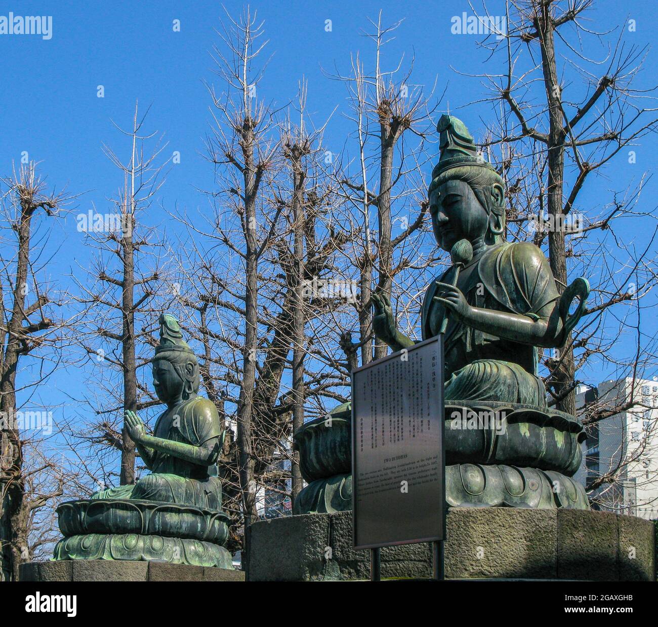 I due Buddha di bronzo, il Tempio di Asakusa Kannon, Tokyo Foto Stock