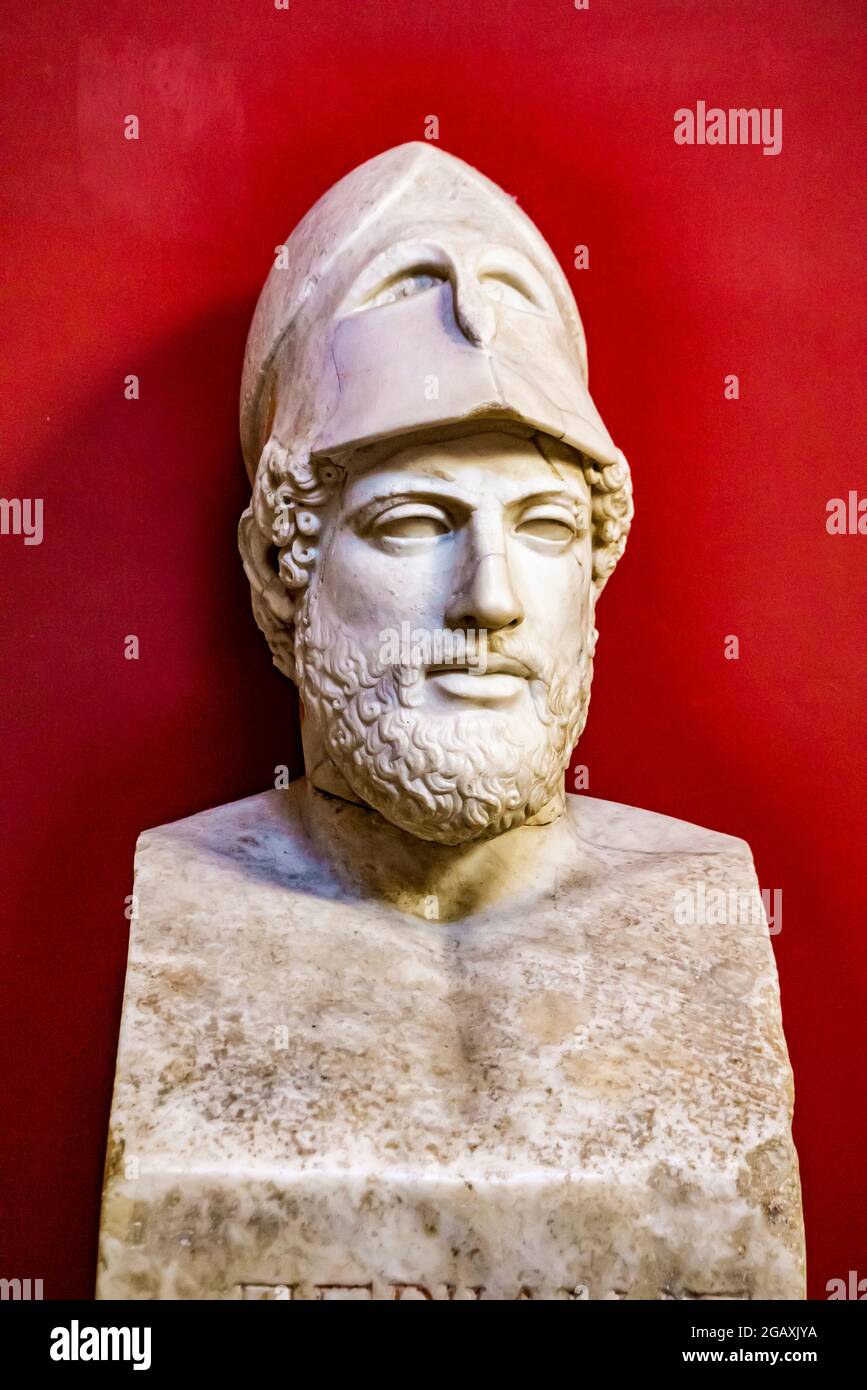 VATICANO - 25 SETTEMBRE 2018: Busto di marmo delle Pericle nella Sala delle Muse del Museo Pio-Clementino nei Musei Vaticani. È il più grande complesso museale del wor Foto Stock
