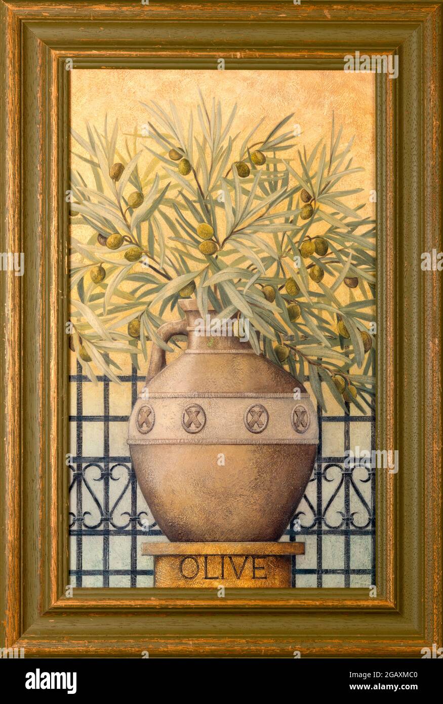 Incorniciato dipinto decorativo di un olivo in un vaso di argilla. Foto Stock