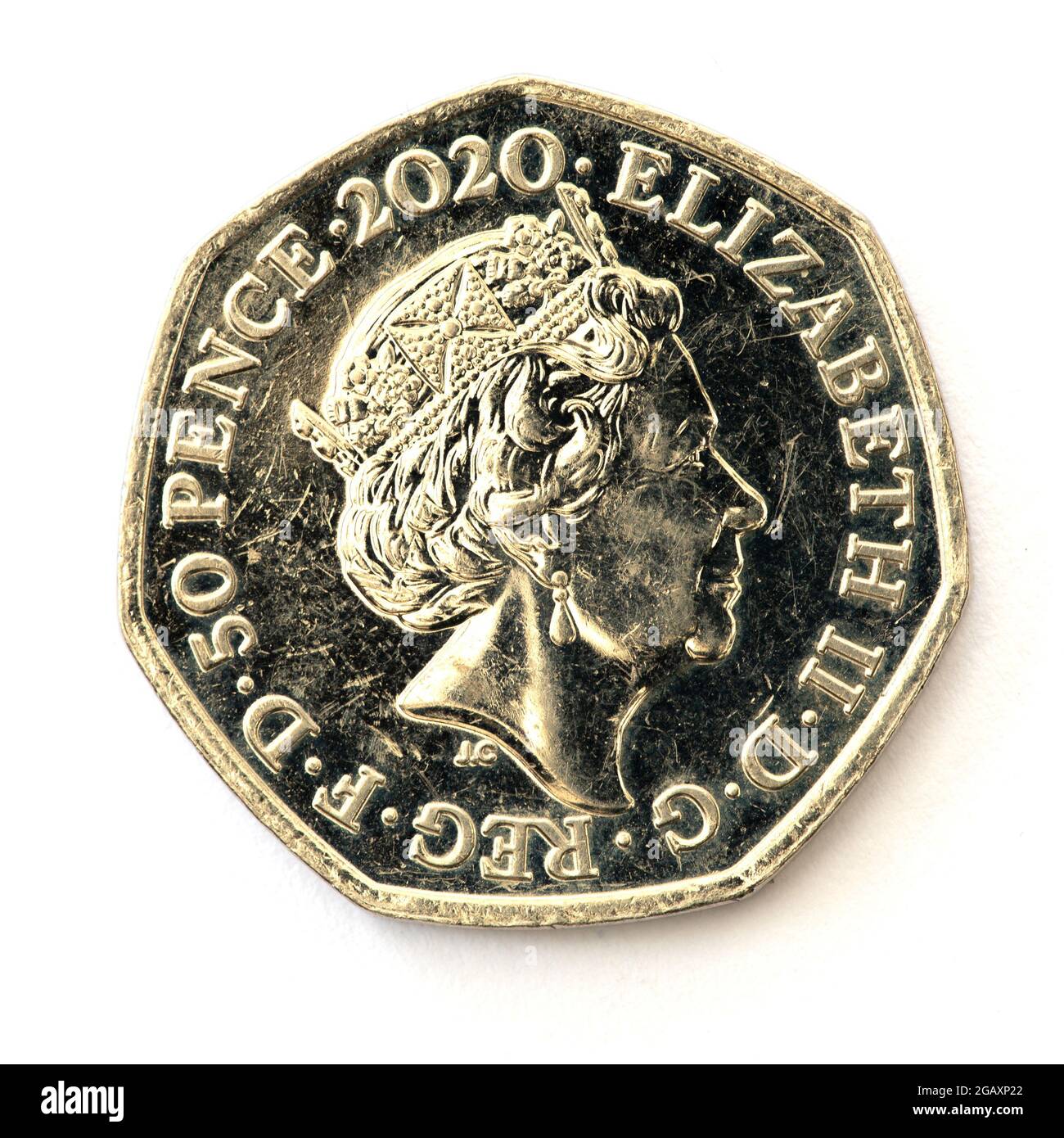 Brexit Fifty Pence pezzo 2020 inciso da Jody Clark (Obverse) e Thomas Dochrety (Reverse) Foto Stock