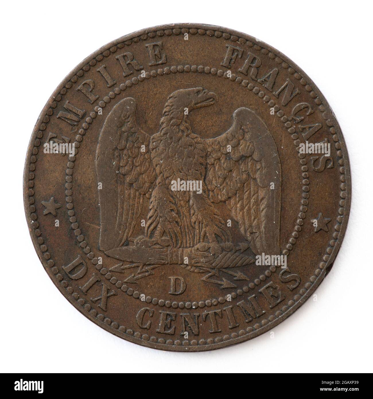 Moneta francese Napoleone III da 10 centime - 1856 - incisa da Jean-Jacques barre Foto Stock