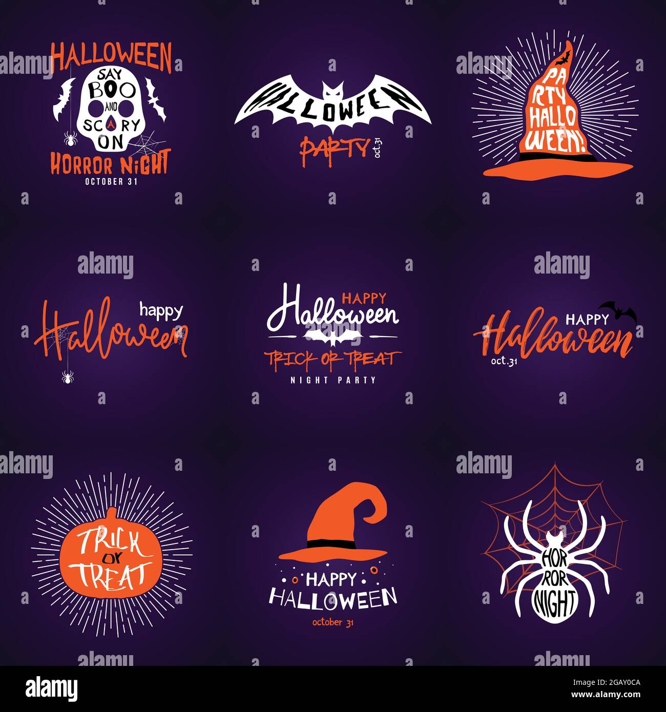 Happy Halloween overlay, lettering etichette design collezione. Distintivi per le vacanze. Segno o emblema per la festa di Halloween. Disegno vettoriale per web, stampa, greti Illustrazione Vettoriale